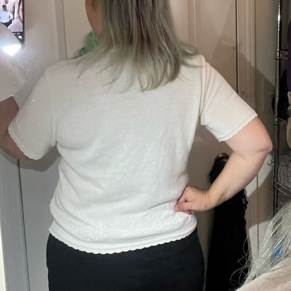 MODEDT VINTAGE WHITE SHORT SLEEVE GRANDMA SWEATER SWEET KNIT DESIGN SCALLOP L - Picture 2 of 10